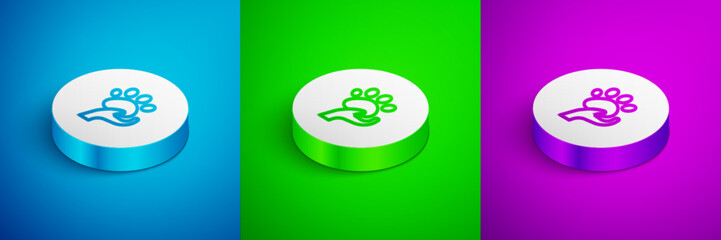 Isometric line Animal volunteer icon isolated on blue, green and purple background. Animal care concept. White circle button. Vector