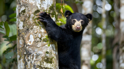 Obraz premium Sun Bear: A sun bear climbing a tree, shot using a high-angle perspective to show its climbing skills and compact size, set against a jungle background with copy space
