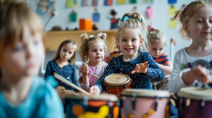 Dynamic scene of a music class with children playing different instruments