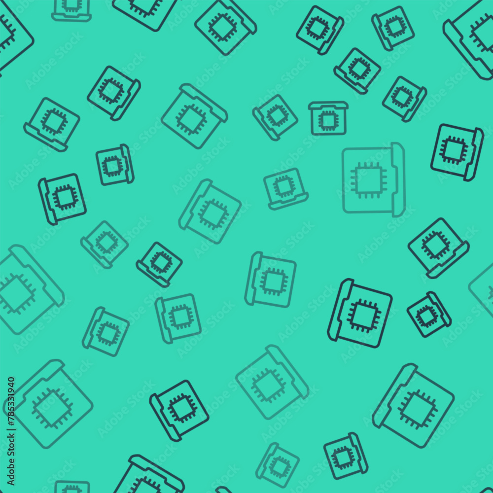 Poster black line computer processor with microcircuits cpu icon isolated seamless pattern on green backgro