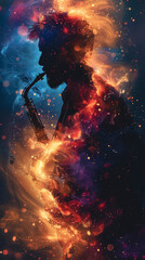 Fototapeta premium Silhouette of a saxophonist on a space background.