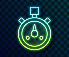Glowing neon line Stopwatch icon isolated on black background. Time timer sign. Chronometer sign. Vector