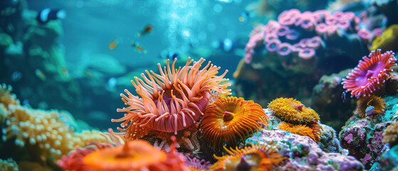 Fototapeta na wymiar close up Sea anemone on a beautiful coral reef, with empty copy space 
