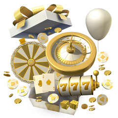 An assortment of casino game elements and golden coins bursting out of a gift box in a festive display, symbolizing the excitement of a bonus offer or a big win. 3D illustration