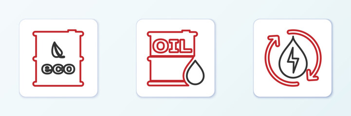 Set line Recycle clean aqua, Bio fuel barrel and Oil icon. Vector