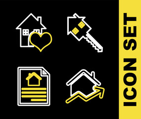 Set line House with key, Rising cost of housing, contract and heart shape icon. Vector