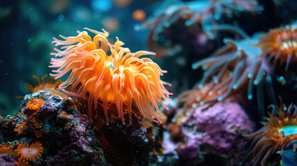 Naklejka na ściany i meble close up Sea anemone on a beautiful coral reef, with empty copy space 