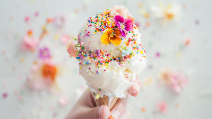 Summer Treat: Hand Holding Colorful Ice Cream Cone with Sprinkles and Floral Decorations