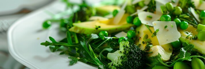 Fototapeta premium Avocado Pear Salad with Broccoli, Rucola, Peas and Cheese, Alligator Pear Salat with Young Pea Pods