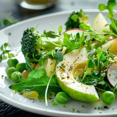 Avocado Pear Salad with Broccoli, Rucola, Peas and Cheese, Alligator Pear Salat with Young Pea Pods