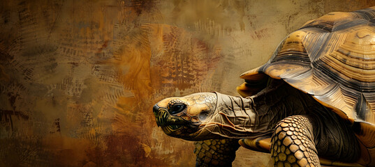 Tortoise: A wise old tortoise captured with a close-up lens to show the intricate patterns on its shell, set against a simple, earth-toned background with copy space.