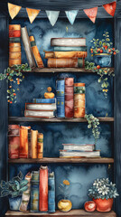 Watercolor illustration with a shelf of books and flowers in pots.