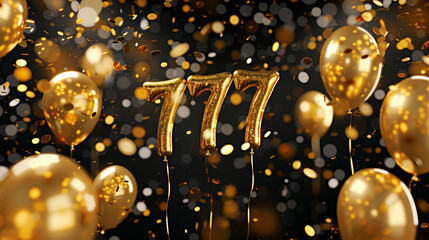 Golden Number Balloons '777' with Falling Confetti on Dark Background