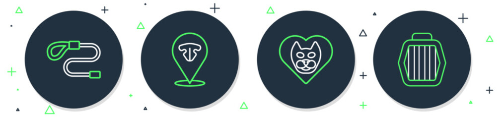 Set line Cat nose, Heart with cat, Retractable cord leash and Pet carry case icon. Vector