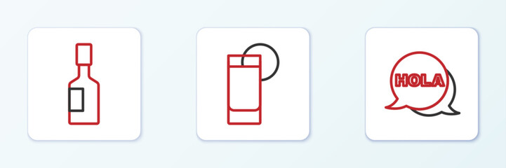 Set line Hola, Tabasco sauce and Tequila glass with lemon icon. Vector © vector_v