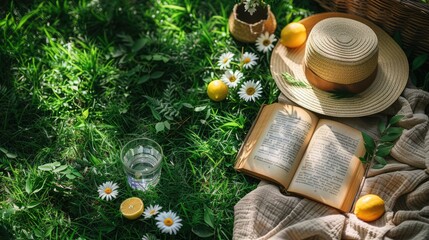 a picnic blanket adorned with an open book, a straw hat, and fresh lemons arranged on lush green grass, evoking the concept of outdoor relaxation and reading.