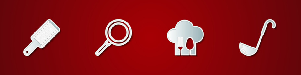 Set Grater, Frying pan, Chef hat with fork and spoon and Kitchen ladle icon. Vector