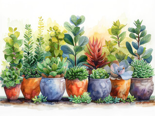 Watercolor home potted plants, design indoor potted flowers.