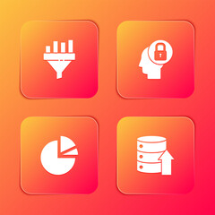 Set Sales funnel with chart, Human head lock, Pie infographic and Server, Data, Web Hosting icon. Vector