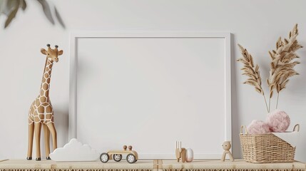 a white frame background, giraffe wooden toys on a table, arranged in the style of a Scandinavian child's room adorned with cloud decorations and a mockup poster frame. - obrazy, fototapety, plakaty