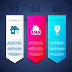 Set House, Hanging sign with text Sold and Location lock. Business infographic template. Vector