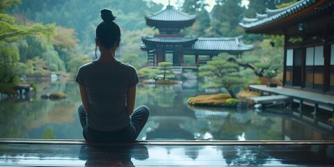 Obraz premium Woman Reflecting at a Tranquil Japanese Temple in Kyoto Capturing the Sacred Silence and Solitude
