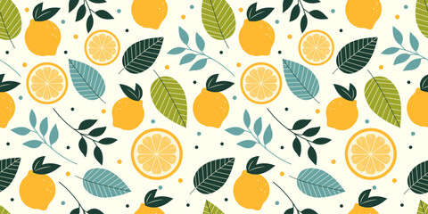 Tropical seamless pattern with yellow lemons, leaves  isolated on cream background. Fruit summer background. Vector bright modern abstract print for paper, cover, fabric