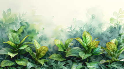 Green leaves on a blurred watercolor background. - obrazy, fototapety, plakaty