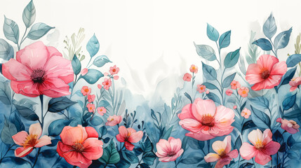 Watercolor background with pink flowers on a white background.