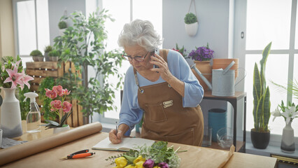 Senior woman florist taking order over phone in flower shop