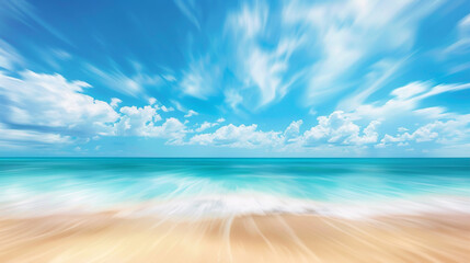 Abstract blur of lively tropical beach with golden sand, turquoise ocean, and azure sky.