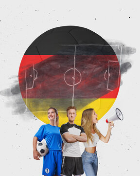 Soccer players stands in front of the chalk board with tactical scheme in soccer game. Art collage. Soccer fans with megaphone in hand celebrating on isolated background.
