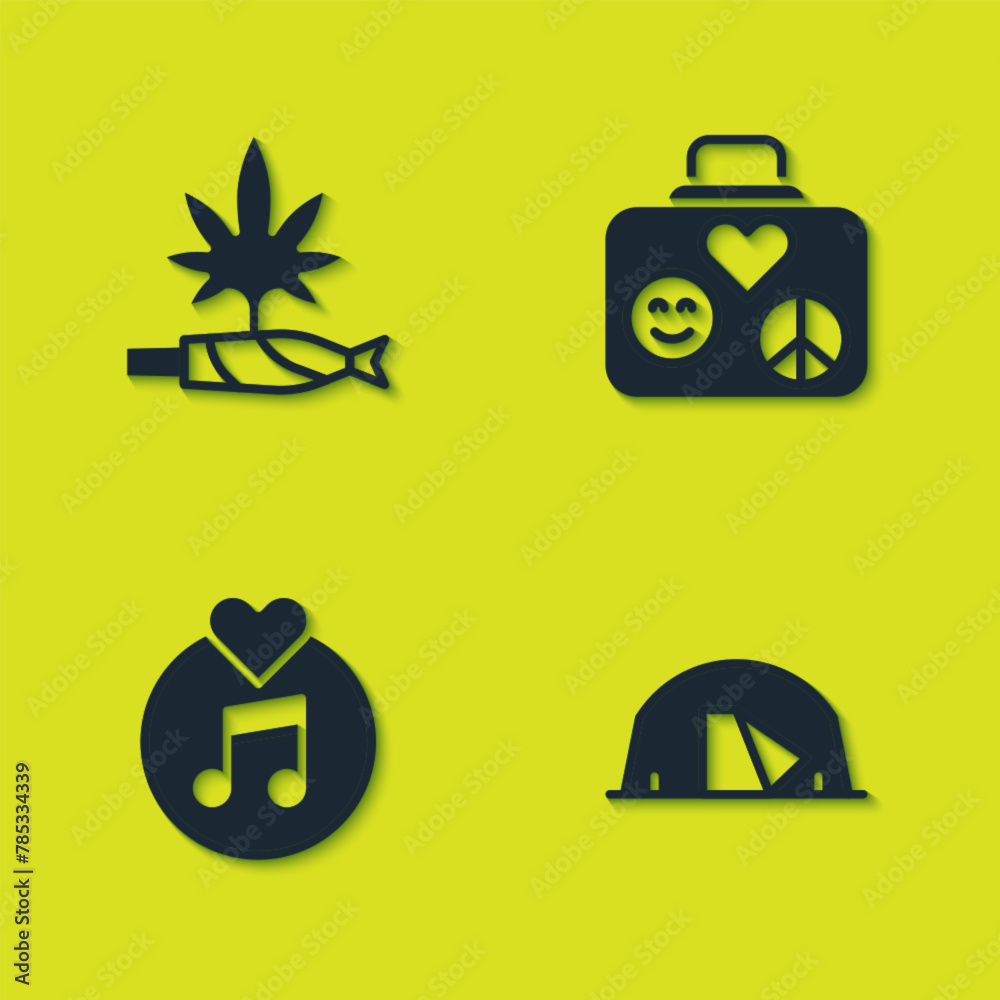 Poster Set Marijuana joint, spliff, Tourist tent, Vinyl disk and Suitcase for travel icon. Vector