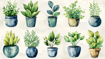 Watercolor home potted plants, design indoor potted flowers. - obrazy, fototapety, plakaty