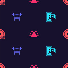 Set Fitness app, Bench with barbell, Metal rack weight and Weight plate on seamless pattern. Vector
