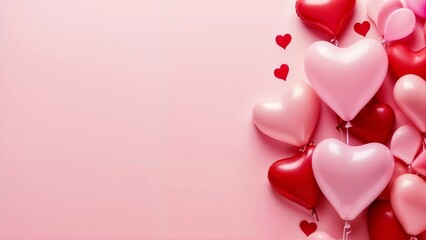 Romantic Valentine's Day Flat Lay, Red and Pink Heart Balloons on Pink Background