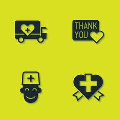 Set Humanitarian truck, Heart with cross, Male doctor and Thank you heart icon. Vector