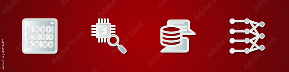 Poster set binary code, processor cpu, server, data and neural network icon. vector