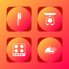Set Meat chopper, Scales, Gas stove and Covered with tray of food icon. Vector