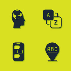 Set Learning foreign languages, Alphabet, New chat messages notification and Vocabulary icon. Vector