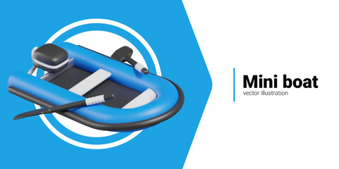 Blue inflatable boat with motor and oars. Passenger mini boat for trips, hobbies, sports