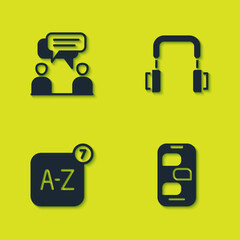 Set Two sitting men talking, New chat messages notification, Online translator and Headphones icon. Vector