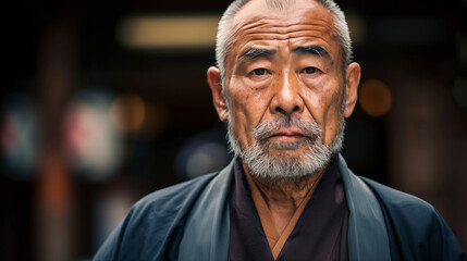 A Japanese man with a beard and a red robe stands in front of a building. He looks serious and focused. a typical Japanese man