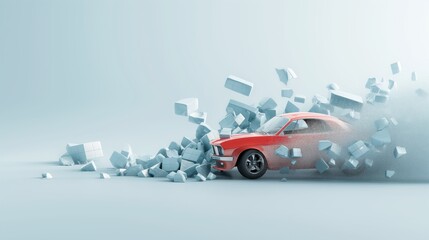 A vibrant red car bursts through a wall of cubes, symbolizing speed and breakthrough. - 785334555