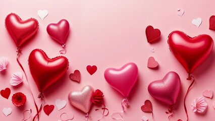 Red and Pink Heart Balloons on Pink Background
