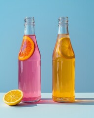Vibrant Citrus-Infused Beverages in Clear Bottles Against a Blue Background