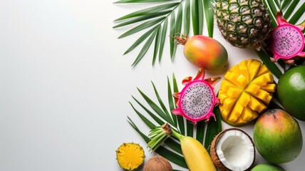 Fototapeta premium a vibrant array of tropical fruits and lush palm leaves arranged on a clean white background, with ample space left for text to convey a message of freshness and vitality.