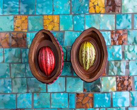 Colorful Easter Eggs Nestled in Wooden Bowls on Mosaic Table