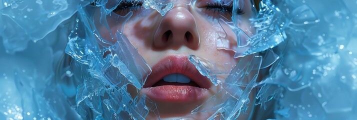 Close-Up of Young Woman's Face Encased in Crystalline Ice, Ethereal Frozen Concept - obrazy, fototapety, plakaty