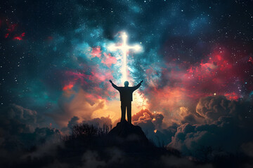 Christian cross symbol in the night sky with silhouette of person with their arms raised worshipping God. Generative AI illustration - obrazy, fototapety, plakaty